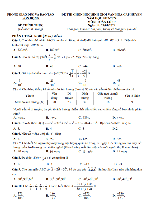 Đề học sinh giỏi Toán 7 năm 2023 – 2024 phòng GD&ĐT Sơn Động – Bắc Giang