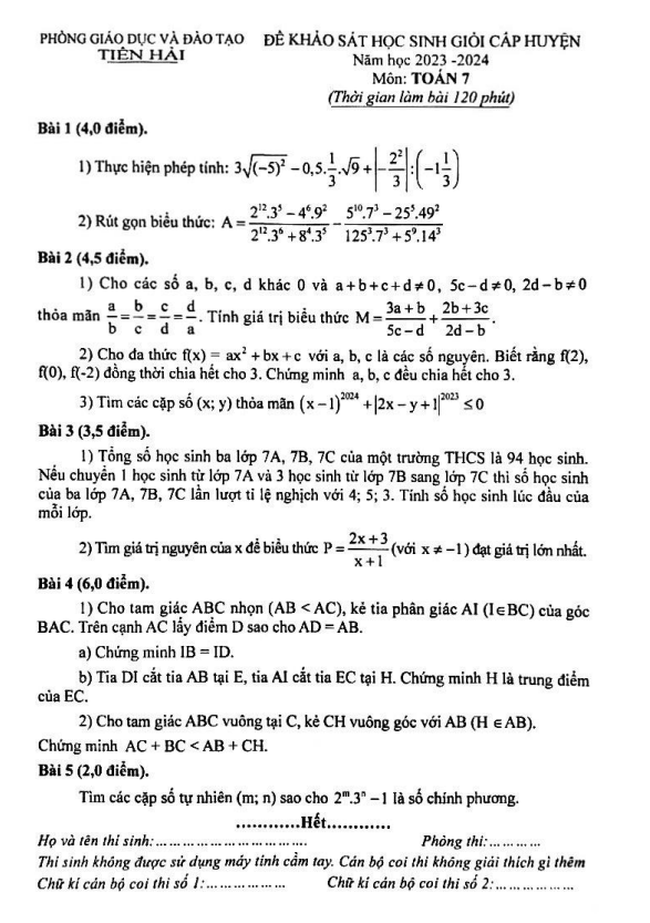 Đề học sinh giỏi Toán 7 năm 2023 – 2024 phòng GD&ĐT Tiền Hải – Thái Bình
