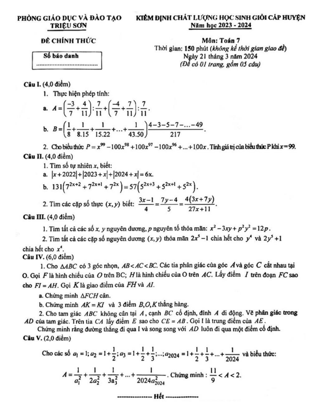 Đề học sinh giỏi Toán 7 năm 2023 – 2024 phòng GD&ĐT Triệu Sơn – Thanh Hóa