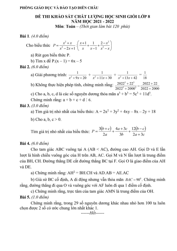 Đề học sinh giỏi Toán 8 năm 2021 – 2022 phòng GD&ĐT Diễn Châu – Nghệ An