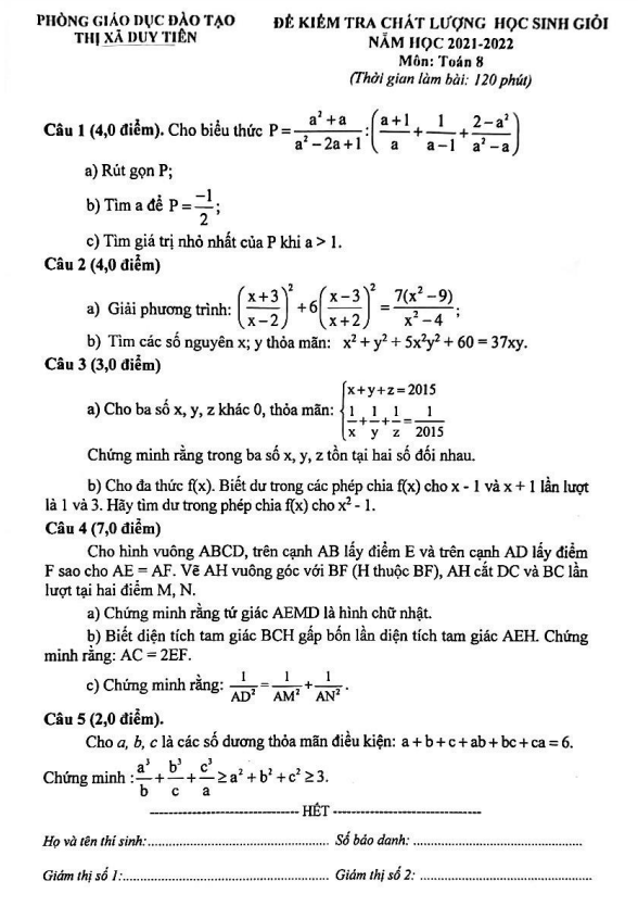 Đề học sinh giỏi Toán 8 năm 2021 – 2022 phòng GD&ĐT Duy Tiên – Hà Nam