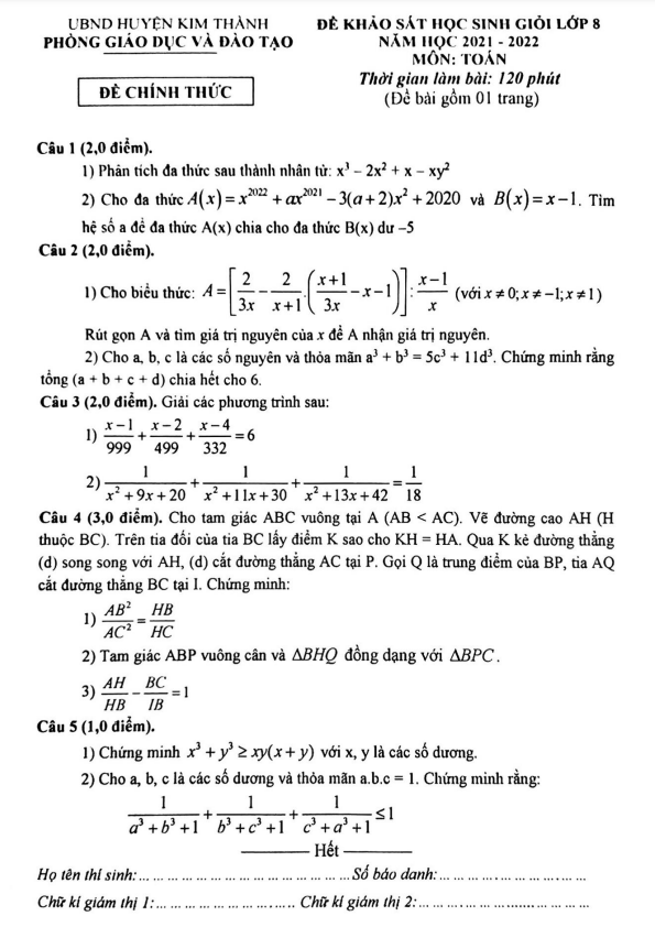 Đề học sinh giỏi Toán 8 năm 2021 – 2022 phòng GD&ĐT Kim Thành – Hải Dương