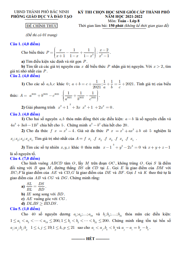 Đề học sinh giỏi Toán 8 năm 2021 – 2022 phòng GD&ĐT thành phố Bắc Ninh