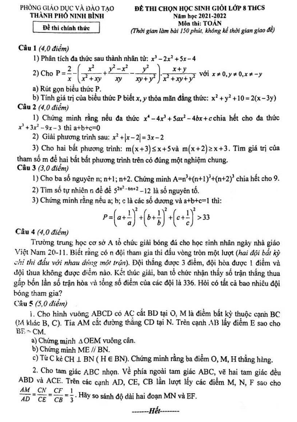Đề học sinh giỏi Toán 8 năm 2021 – 2022 phòng GD&ĐT thành phố Ninh Bình
