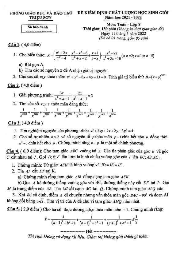 Đề học sinh giỏi Toán 8 năm 2021 – 2022 phòng GD&ĐT Triệu Sơn – Thanh Hóa