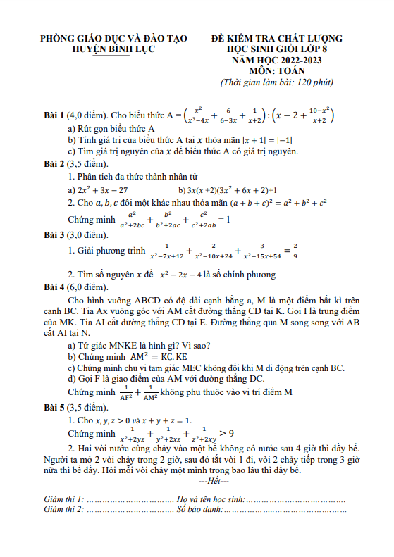 Đề học sinh giỏi Toán 8 năm 2022 – 2023 phòng GD&ĐT Bình Lục – Hà Nam