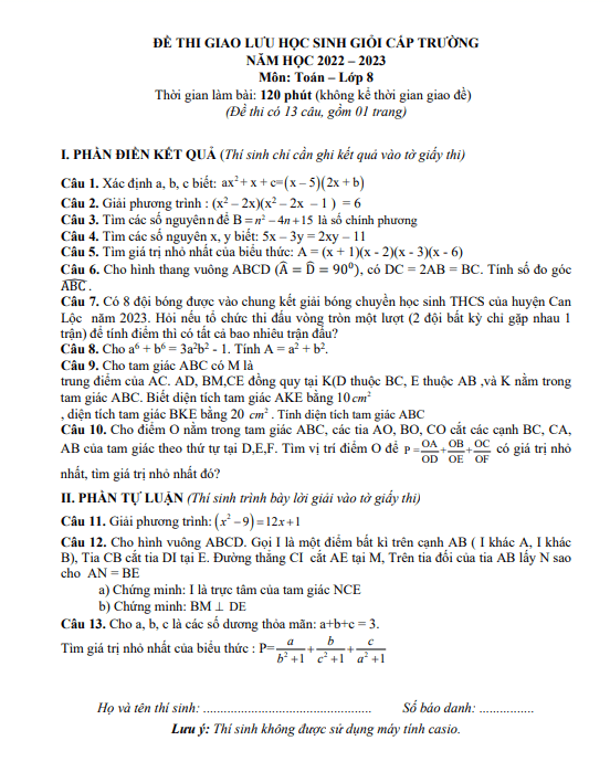 Đề học sinh giỏi Toán 8 năm 2022 – 2023 phòng GD&ĐT Can Lộc – Hà Tĩnh