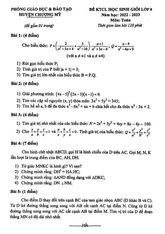 Đề học sinh giỏi Toán 8 năm 2022 – 2023 phòng GD&ĐT Chương Mỹ – Hà Nội