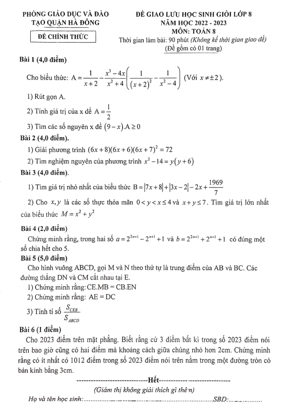 Đề học sinh giỏi Toán 8 năm 2022 – 2023 phòng GD&ĐT Hà Đông – Hà Nội
