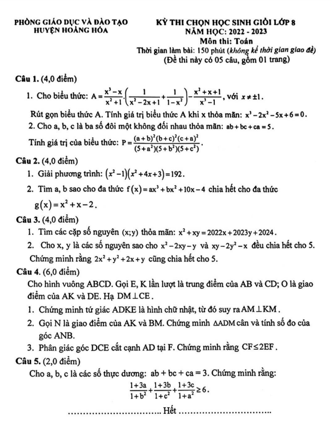 Đề học sinh giỏi Toán 8 năm 2022 – 2023 phòng GD&ĐT Hoằng Hóa – Thanh Hóa