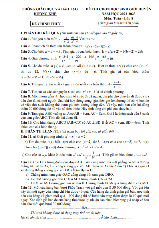 Đề học sinh giỏi Toán 8 năm 2022 – 2023 phòng GD&ĐT Hương Khê – Hà Tĩnh