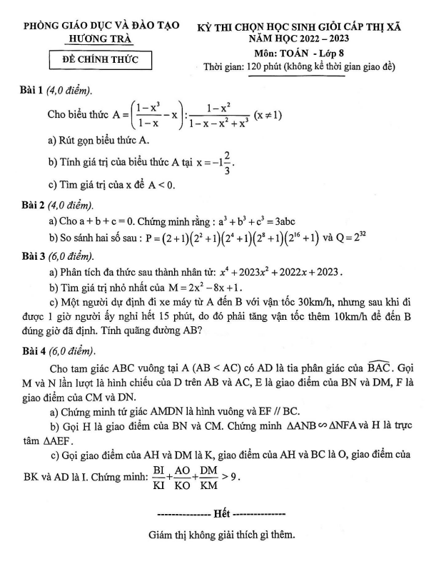 Đề học sinh giỏi Toán 8 năm 2022 – 2023 phòng GD&ĐT Hương Trà – TT Huế