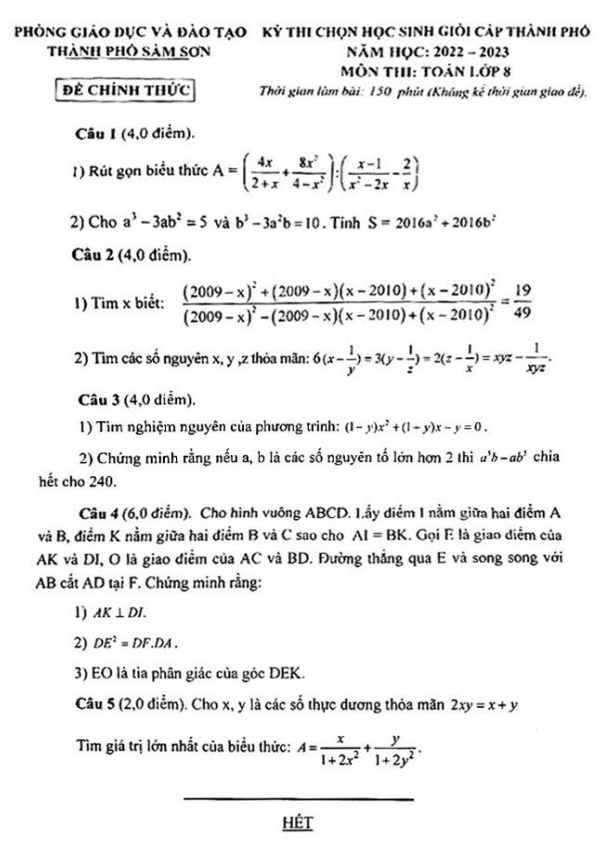 Đề học sinh giỏi Toán 8 năm 2022 – 2023 phòng GD&ĐT Sầm Sơn – Thanh Hóa