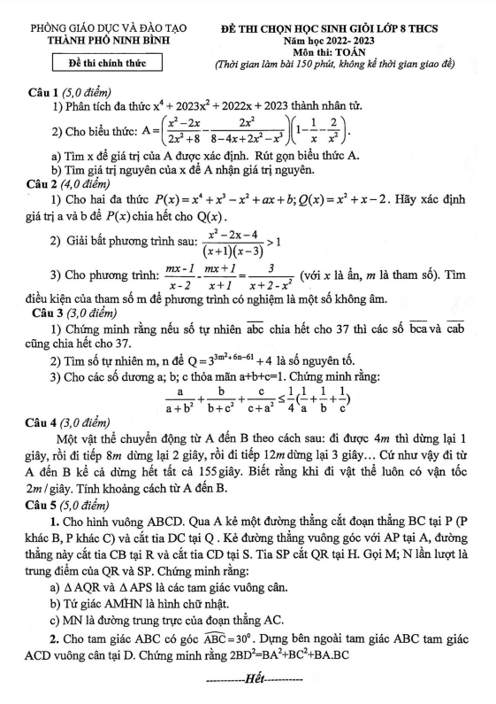 Đề học sinh giỏi Toán 8 năm 2022 – 2023 phòng GD&ĐT thành phố Ninh Bình