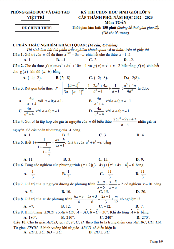 Đề học sinh giỏi Toán 8 năm 2022 – 2023 phòng GD&ĐT Việt Trì – Phú Thọ