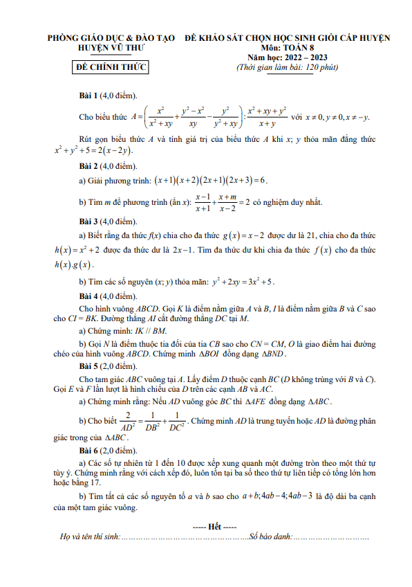 Đề học sinh giỏi Toán 8 năm 2022 – 2023 phòng GD&ĐT Vũ Thư – Thái Bình
