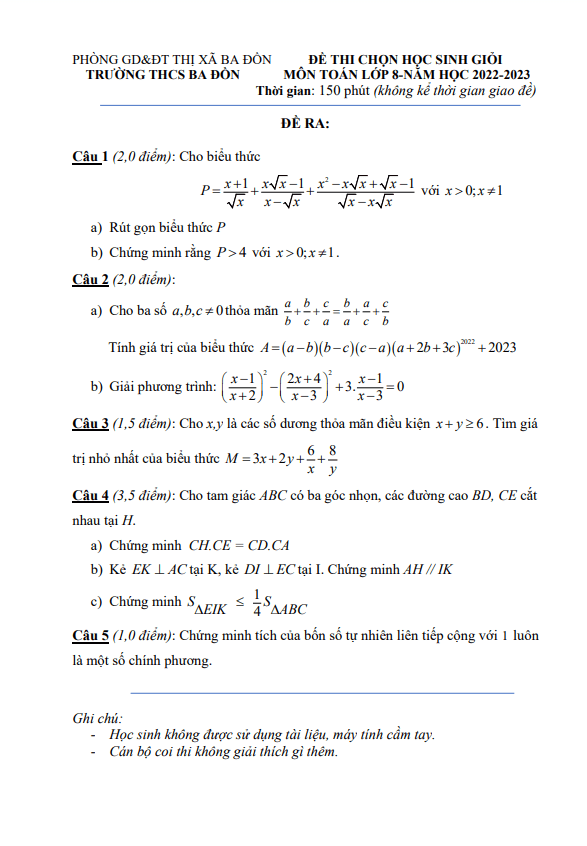 Đề học sinh giỏi Toán 8 năm 2022 – 2023 trường THCS Ba Đồn – Quảng Bình