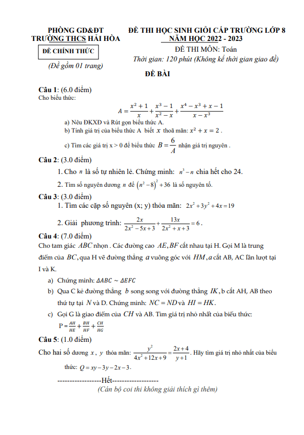 Đề học sinh giỏi Toán 8 năm 2022 – 2023 trường THCS Hải Hòa – Nam Định