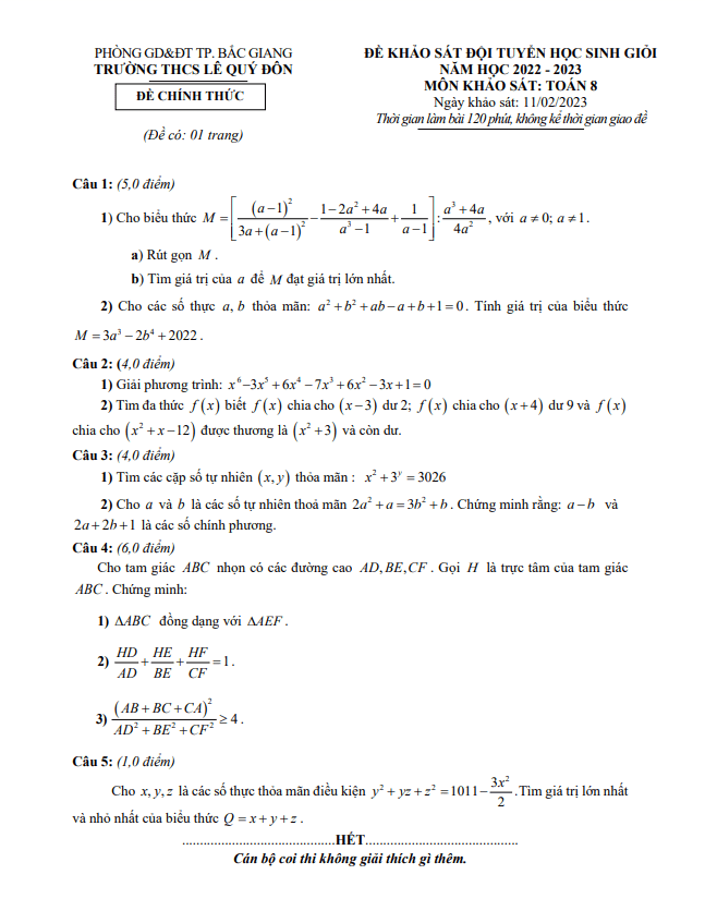 Đề học sinh giỏi Toán 8 năm 2022 – 2023 trường THCS Lê Quý Đôn – Bắc Giang
