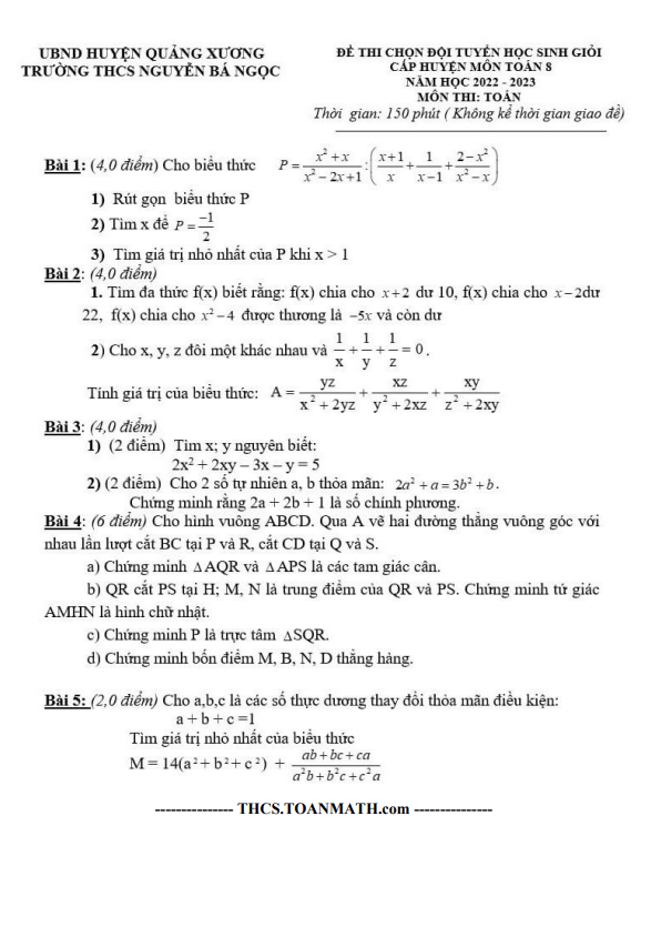 Đề học sinh giỏi Toán 8 năm 2022 – 2023 trường THCS Nguyễn Bá Ngọc – Thanh Hoá