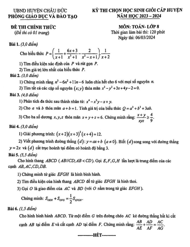 Đề học sinh giỏi Toán 8 năm 2023 – 2024 phòng GD&ĐT Châu Đức – BR VT