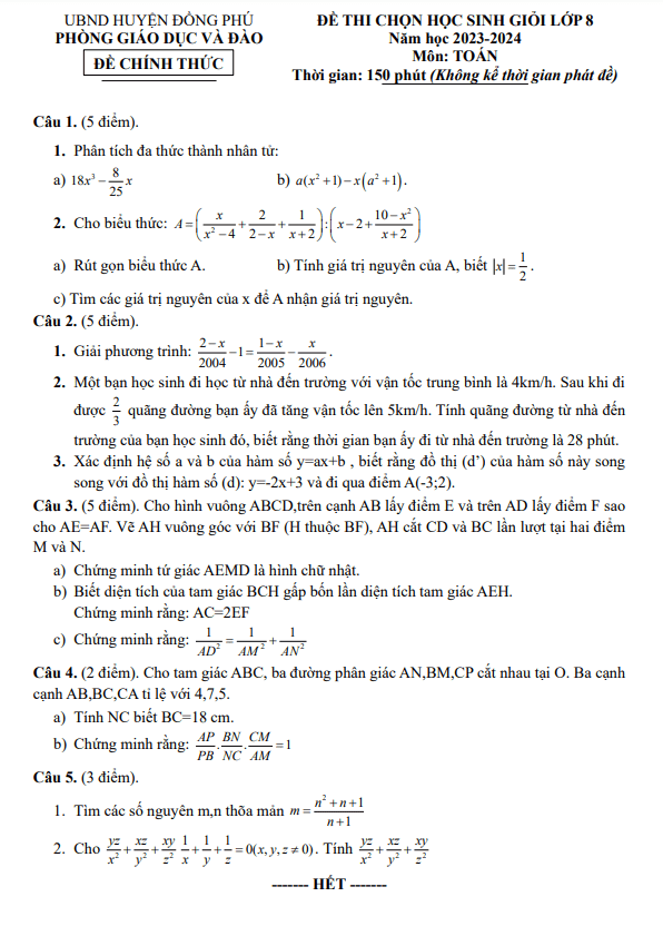 Đề học sinh giỏi Toán 8 năm 2023 – 2024 phòng GD&ĐT Đồng Phú – Bình Phước