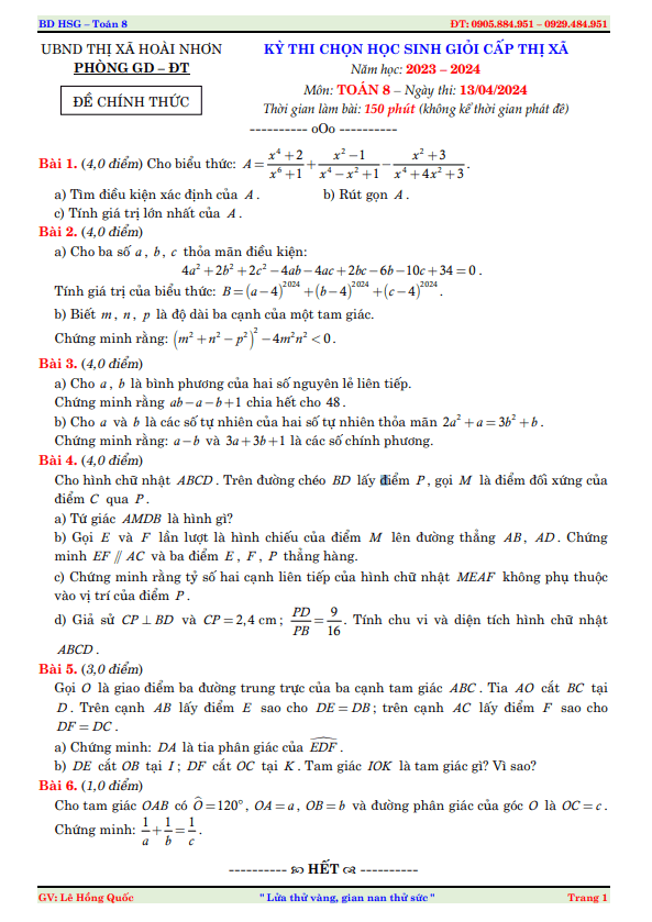 Đề học sinh giỏi Toán 8 năm 2023 – 2024 phòng GD&ĐT Hoài Nhơn – Bình Định