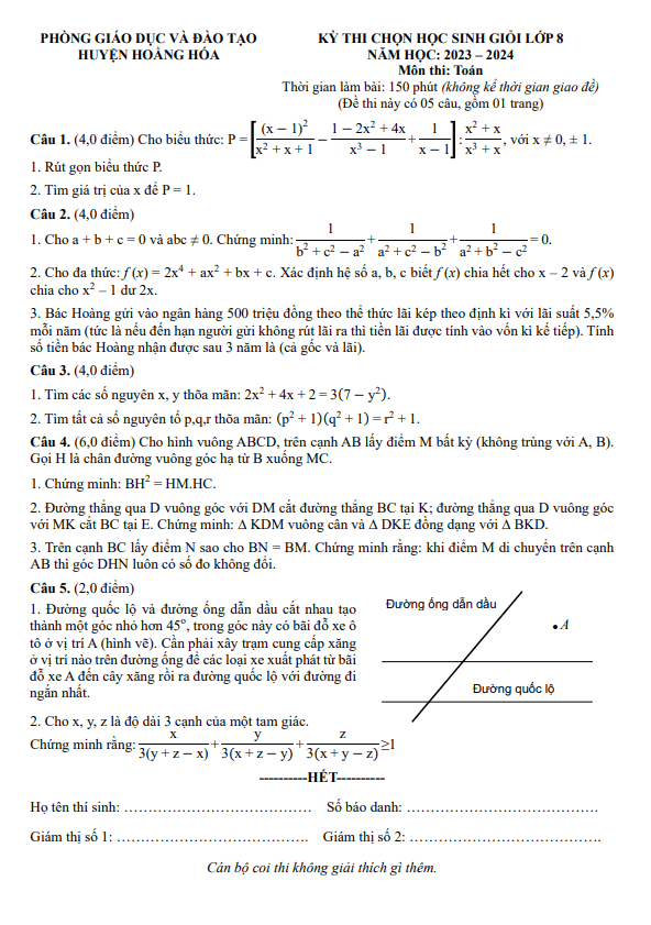 Đề học sinh giỏi Toán 8 năm 2023 – 2024 phòng GD&ĐT Hoằng Hóa – Thanh Hóa