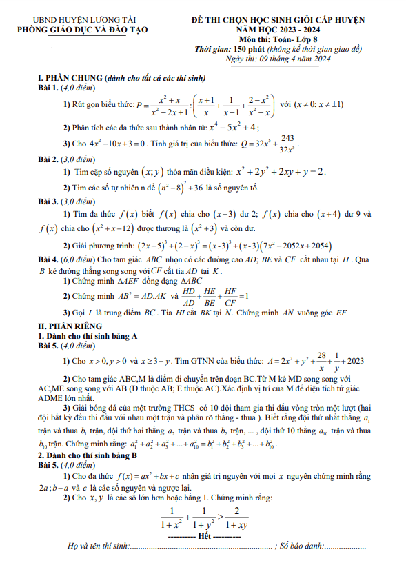 Đề học sinh giỏi Toán 8 năm 2023 – 2024 phòng GD&ĐT Lương Tài – Bắc Ninh