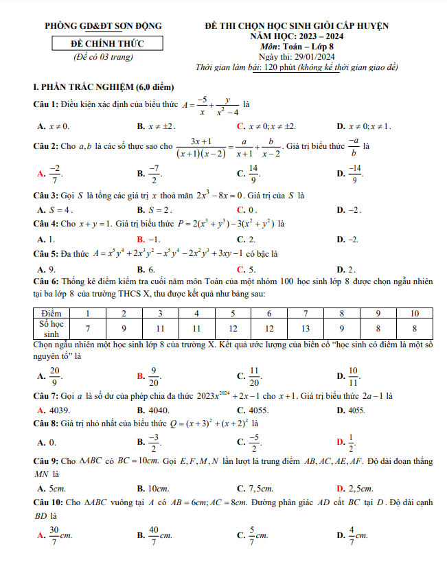 Đề học sinh giỏi Toán 8 năm 2023 – 2024 phòng GD&ĐT Sơn Động – Bắc Giang