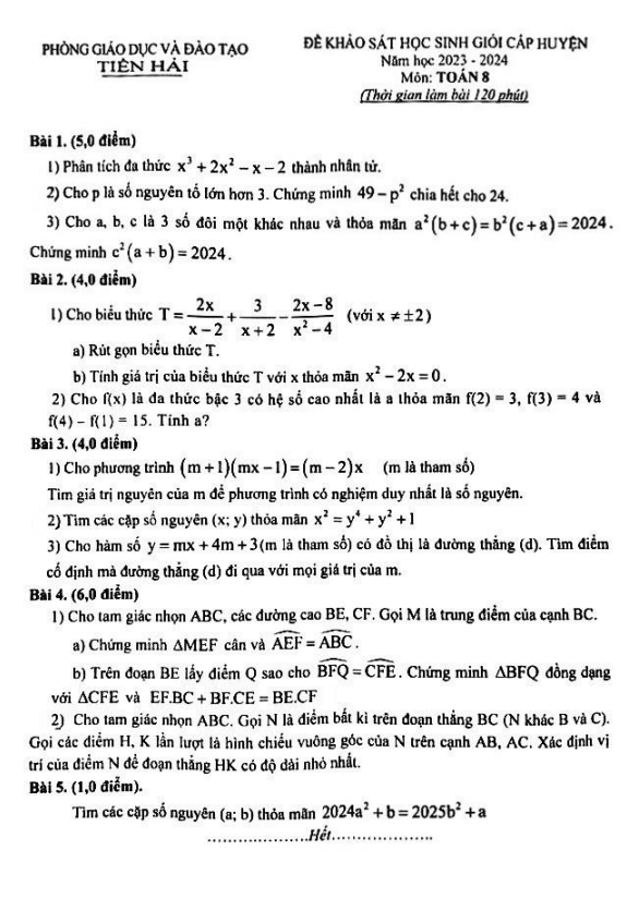 Đề học sinh giỏi Toán 8 năm 2023 – 2024 phòng GD&ĐT Tiền Hải – Thái Bình