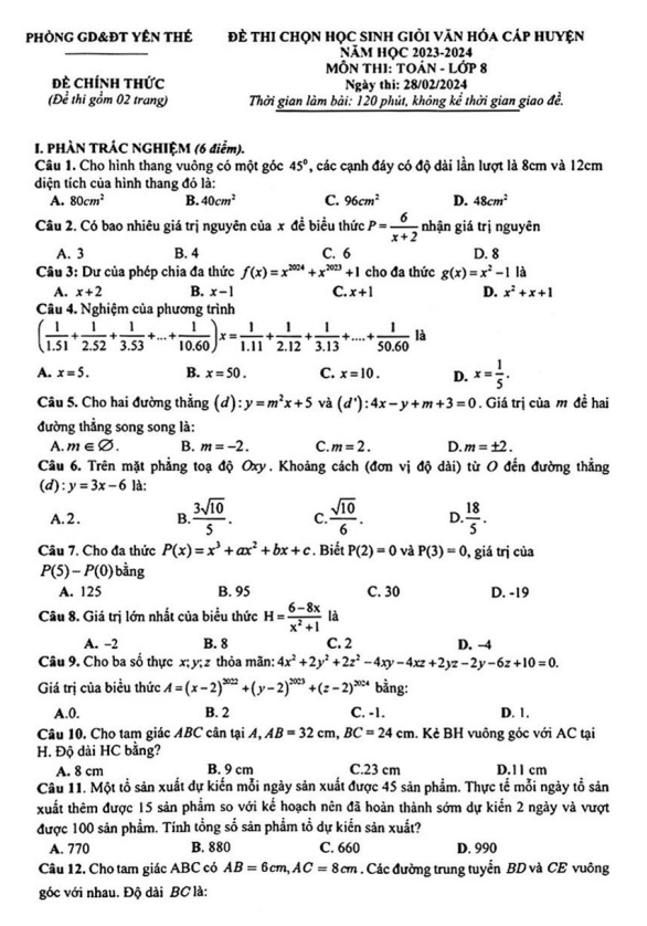 Đề học sinh giỏi Toán 8 năm 2023 – 2024 phòng GD&ĐT Yên Thế – Bắc Giang