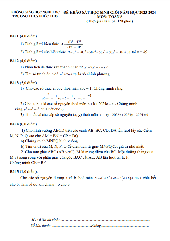 Đề học sinh giỏi Toán 8 năm 2023 – 2024 trường THCS Phúc Thọ – Nghệ An