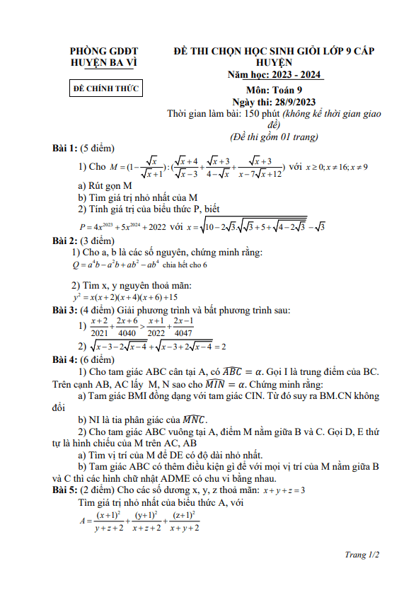 Đề học sinh giỏi Toán 9 cấp huyện năm 2023 – 2024 phòng GD&ĐT Ba Vì – Hà Nội