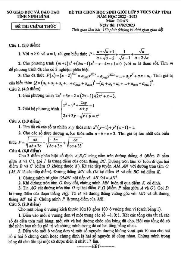 Đề học sinh giỏi Toán 9 cấp tỉnh năm 2022 – 2023 sở GD&ĐT Ninh Bình