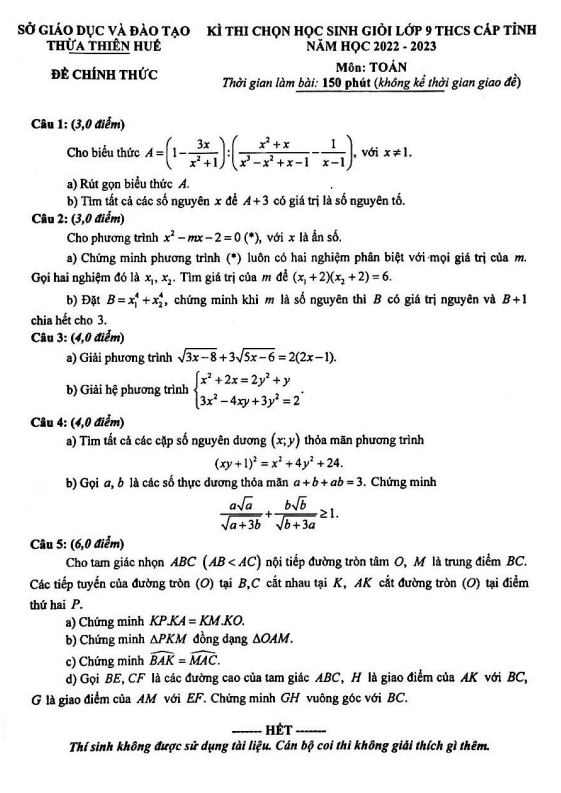 Đề học sinh giỏi Toán 9 cấp tỉnh năm 2022 – 2023 sở GD&ĐT Thừa Thiên Huế