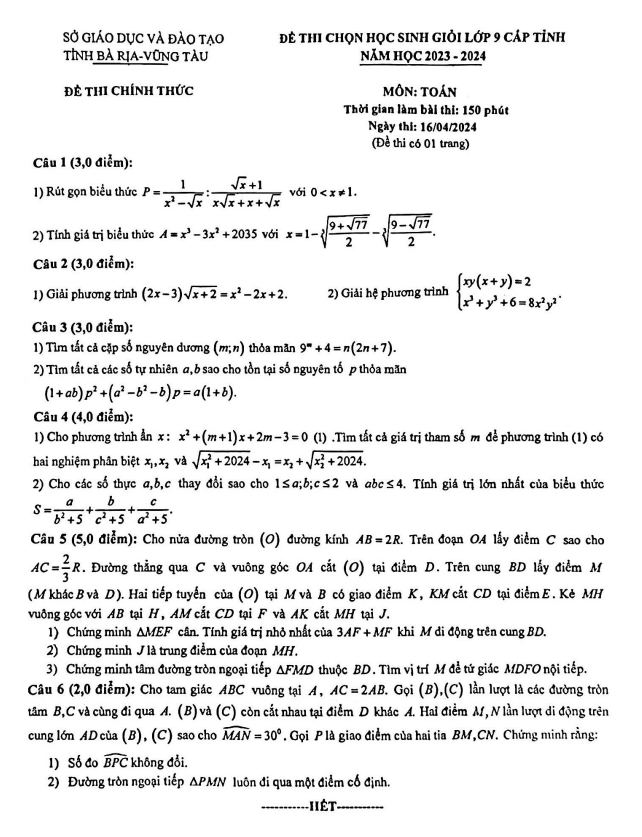 Đề học sinh giỏi Toán 9 cấp tỉnh năm 2023 – 2024 sở GD&ĐT Bà Rịa – Vũng Tàu