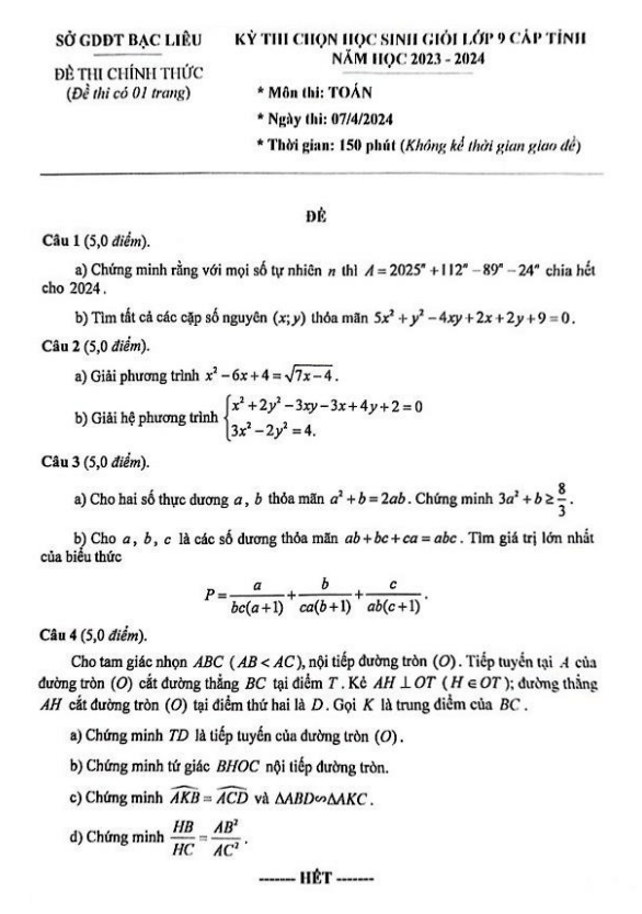 Đề học sinh giỏi Toán 9 cấp tỉnh năm 2023 – 2024 sở GD&ĐT Bạc Liêu