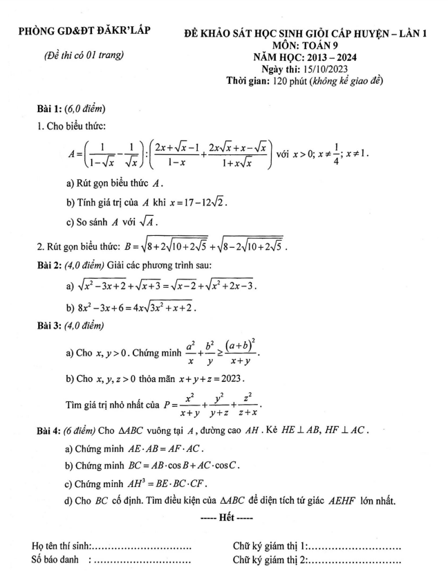Đề học sinh giỏi Toán 9 lần 1 năm 2023 – 2024 phòng GD&ĐT Đắk R’Lấp – Đắk Nông