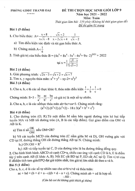 Đề học sinh giỏi Toán 9 năm 2021 – 2022 phòng GD&ĐT Thanh Oai – Hà Nội