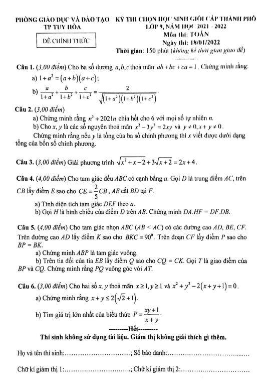 Đề học sinh giỏi Toán 9 năm 2021 – 2022 phòng GD&ĐT Tuy Hòa – Phú Yên