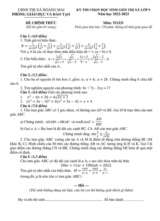 Đề học sinh giỏi Toán 9 năm 2022 – 2023 phòng GD&ĐT Hoàng Mai – Nghệ An