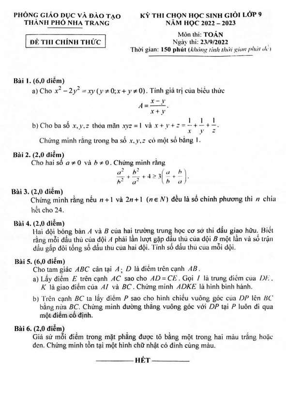 Đề học sinh giỏi Toán 9 năm 2022 – 2023 phòng GD&ĐT Nha Trang – Khánh Hòa
