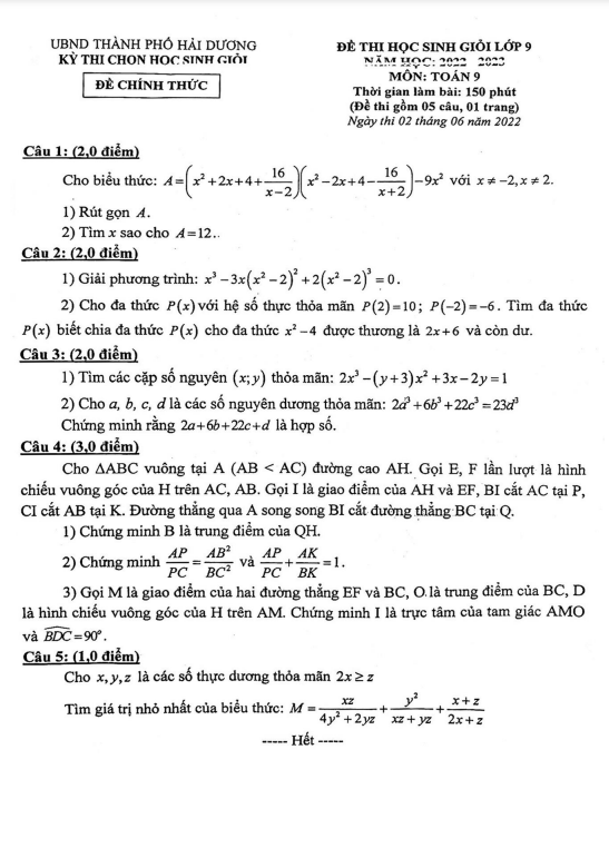 Đề học sinh giỏi Toán 9 năm 2022 – 2023 phòng GD&ĐT thành phố Hải Dương