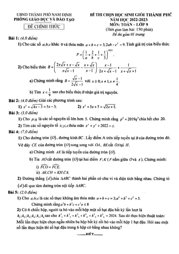 Đề học sinh giỏi Toán 9 năm 2022 – 2023 phòng GD&ĐT thành phố Nam Định