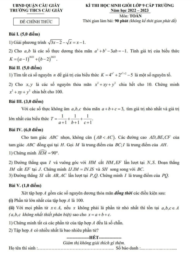 Đề học sinh giỏi Toán 9 năm 2022 – 2023 trường THCS Cầu Giấy – Hà Nội