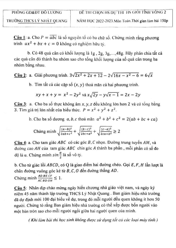 Đề học sinh giỏi Toán 9 năm 2022 – 2023 trường THCS Lý Nhật Quang – Nghệ An (vòng 2)