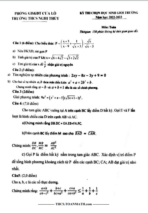 Đề học sinh giỏi Toán 9 năm 2022 – 2023 trường THCS Nghi Thủy – Nghệ An