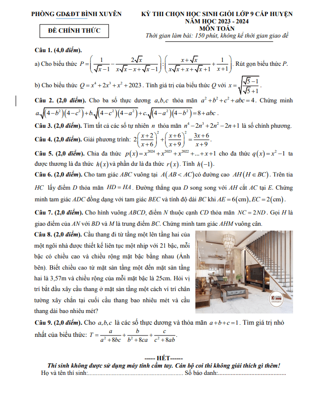 Đề học sinh giỏi Toán 9 năm 2023 – 2024 phòng GD&ĐT Bình Xuyên – Vĩnh Phúc