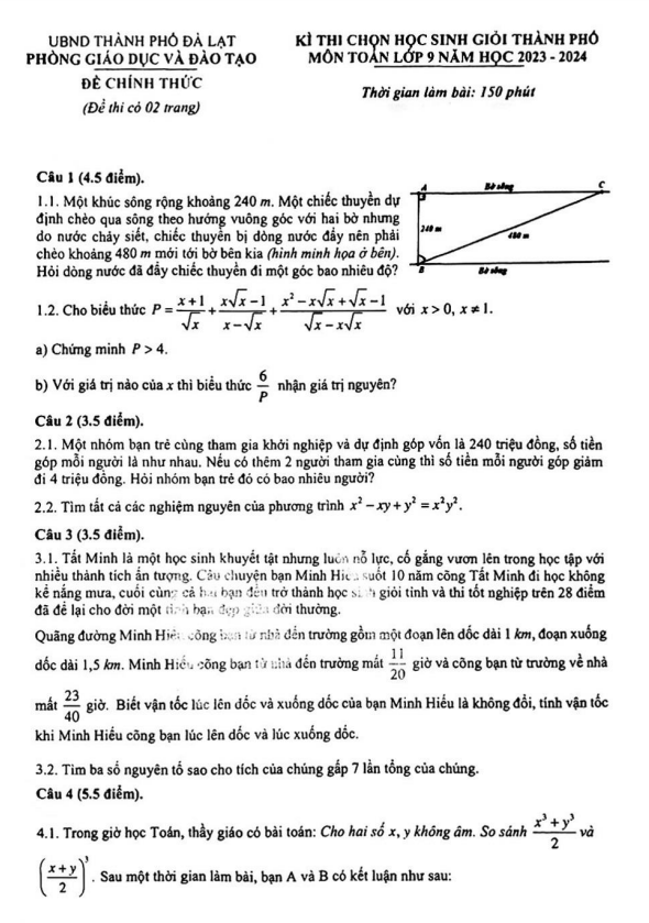 Đề học sinh giỏi Toán 9 năm 2023 – 2024 phòng GD&ĐT Đà Lạt – Lâm Đồng